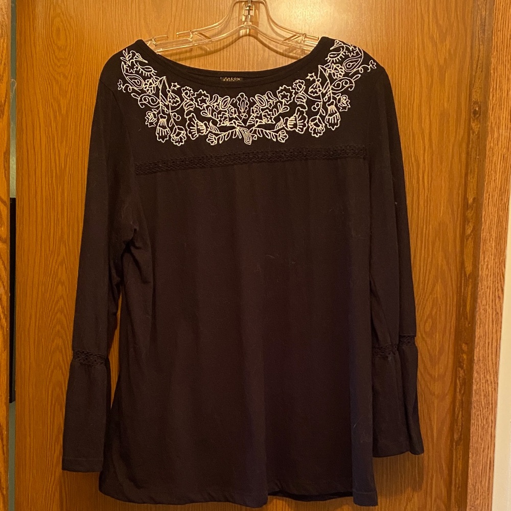 Max Studio Black Top with White Embroidery